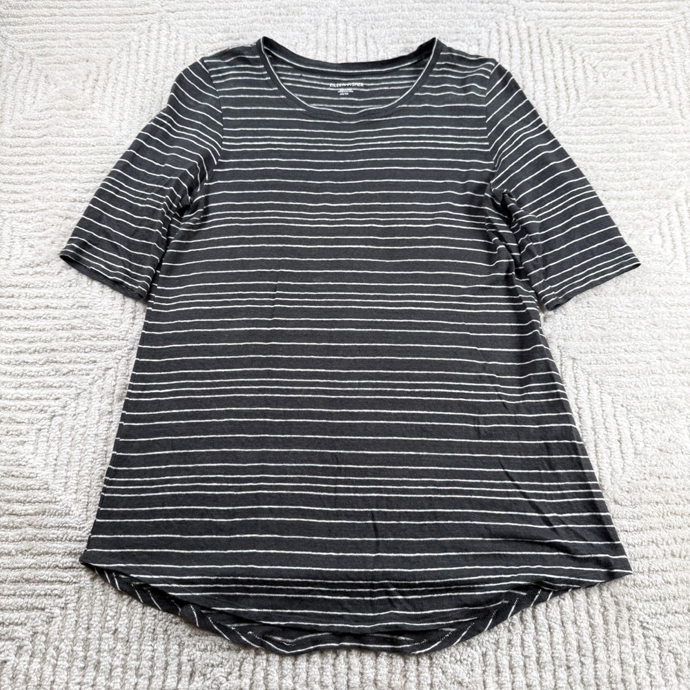 Eileen Fisher Striped Linen Top Womens XS Black White Coastal Minimalist Beach